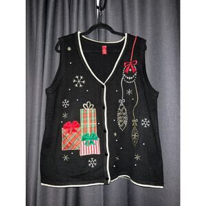 Ugly Christmas Sweater Black Red Green Gold Festive Gift Vest